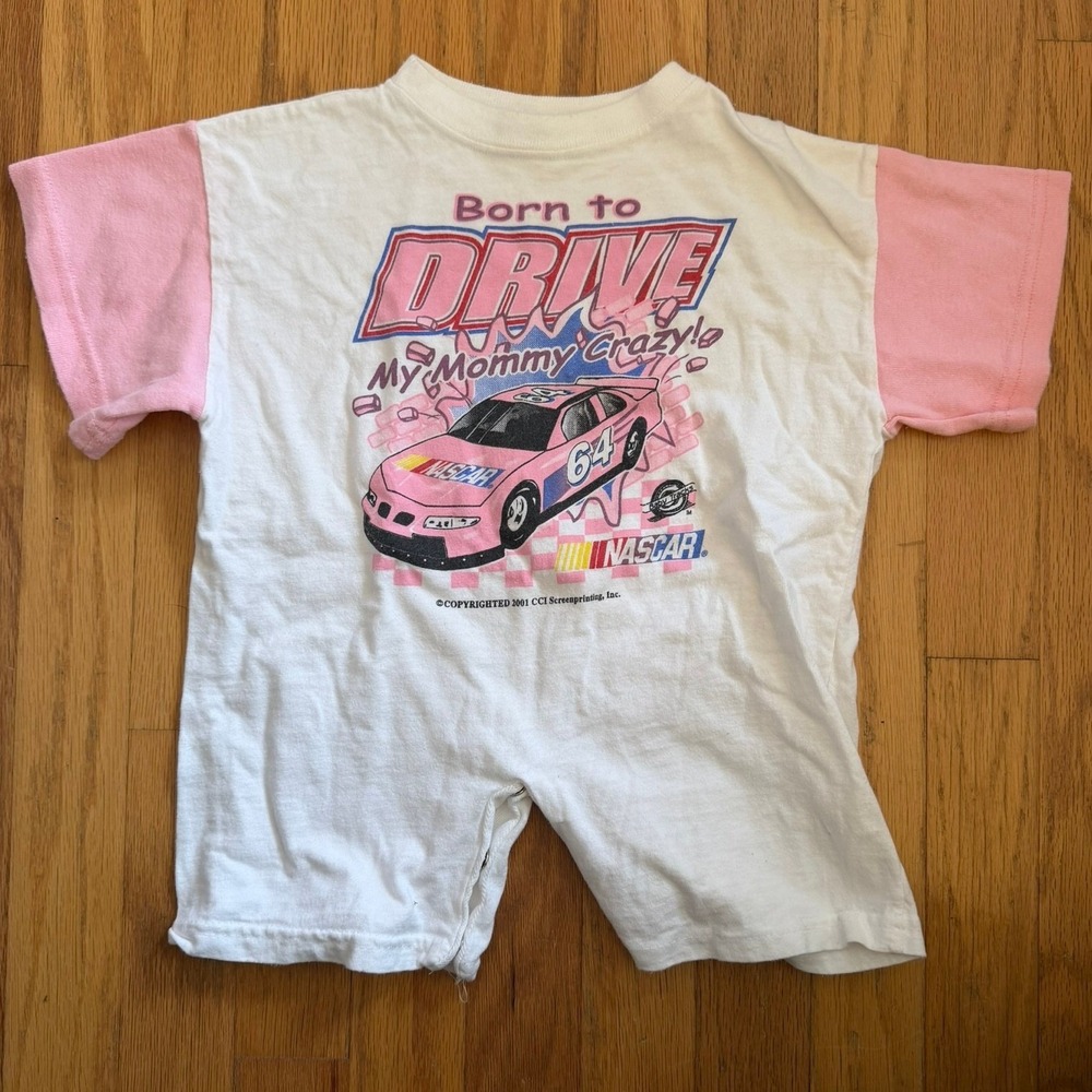 Vintage 90's Kids Nascar Pink and White "Born to Drive Mommy Crazy" Retro Outfit